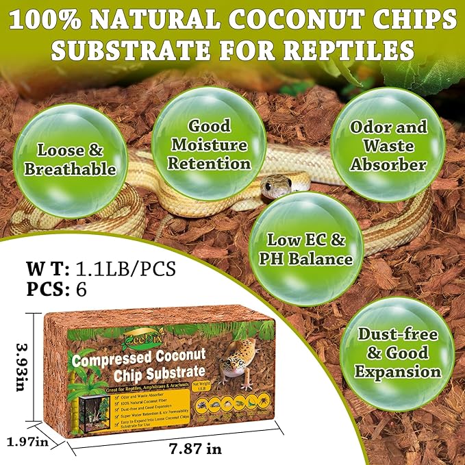 ZeeDix 6PCS Natural Coconut Chips Substrate for Reptiles, Coconut Fiber Husk Reptiles Bedding, Compressed Coco Chips Substrate for Ball Python, Snakes, Tortoise, Hermit Crab, Frogs, Lizard, Tarantula