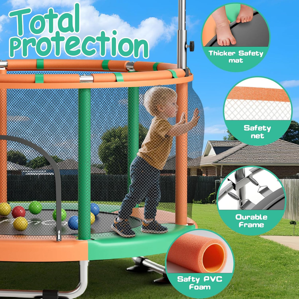 55" Toddler Mini Trampoline for Kids - Green-Orange - image 2