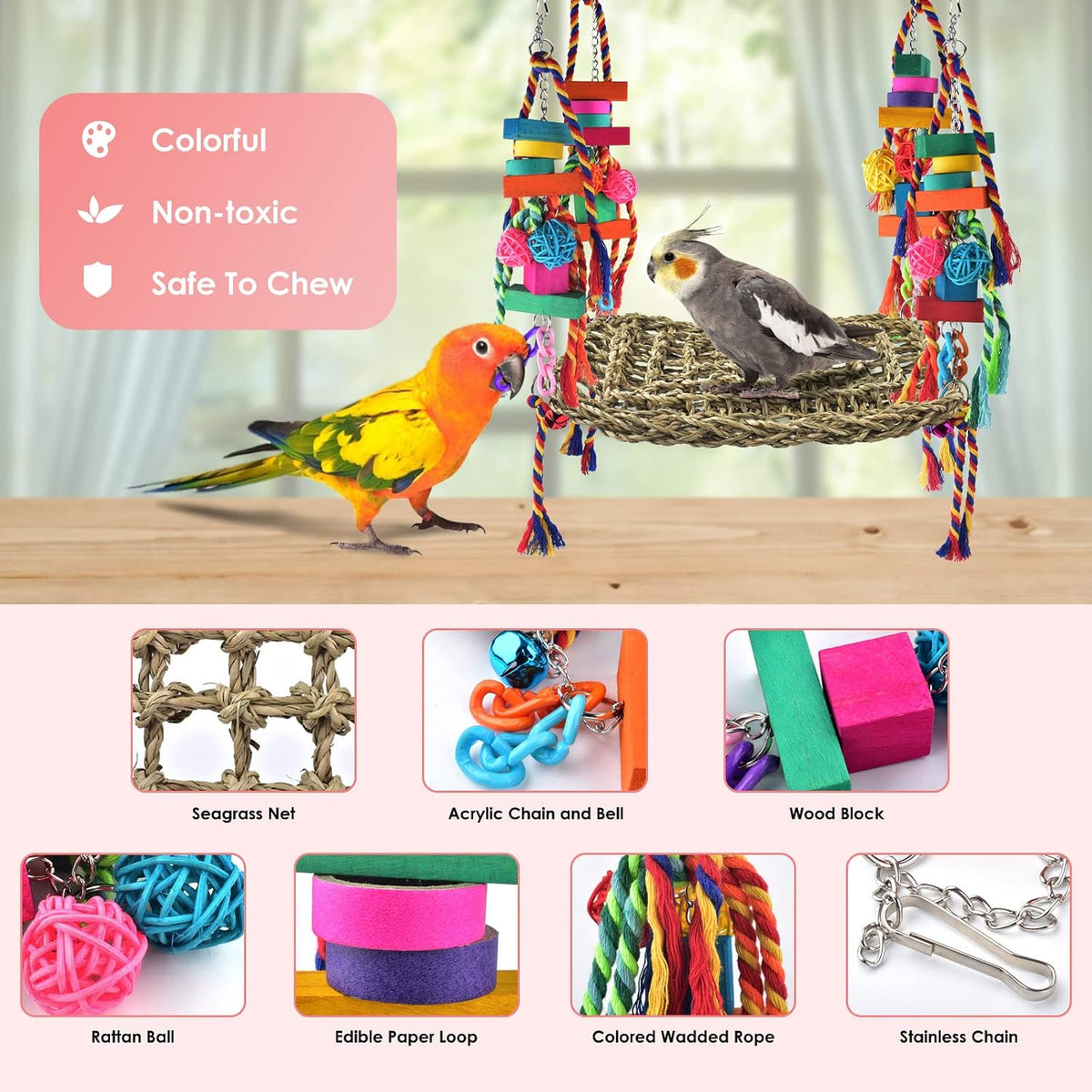 KATUMO Bird Toys, Grass Swing Hammock Climbing Toy for Parrot Parakeet – Essentials for Birds - 11 x 7.9 x 0.98 inch - image 3
