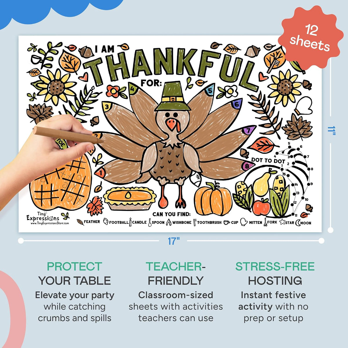 Tiny Expressions Thanksgiving coloring placemats set of 12 with turkey and activity games - view 5