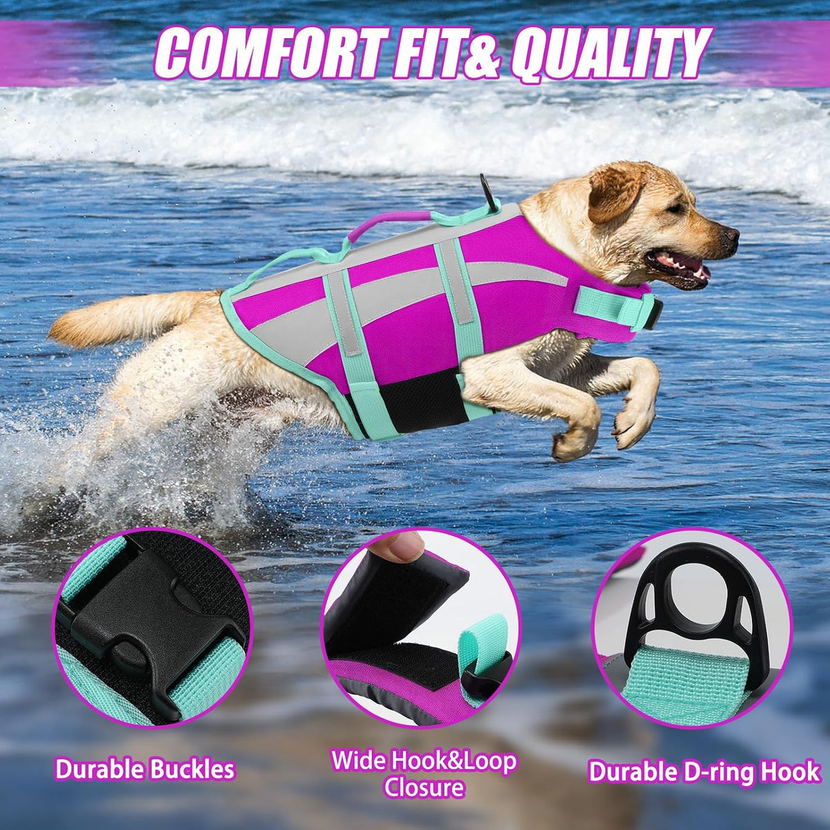EMUST Dog Life Jacket, High Visibility Dog Life Vests with 2 Rescue Handles – Essentials for Dogs - Medium / NewPurple - image 4