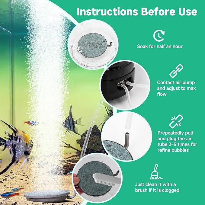 hygger Aquarium Air Stone, 1.5 Inch Fish Tank Bubbler Stone Kit Makes Super Tiny Bubbles, Ultra-High Dissolved Airstone with Stainless Steel Base Aquarium Fish Tank and Hydroponic