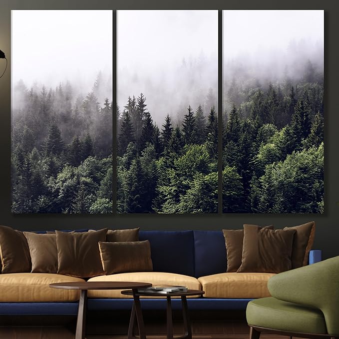 Nature Wall Art Prints - Ocean Forest Mountain Lake Canvas Landscapes - Small to Extra Large Living Room Bedroom Kitchen Bathroom Décor (Foggy Pine Forest, 60x40 Inches - 5 Panels)