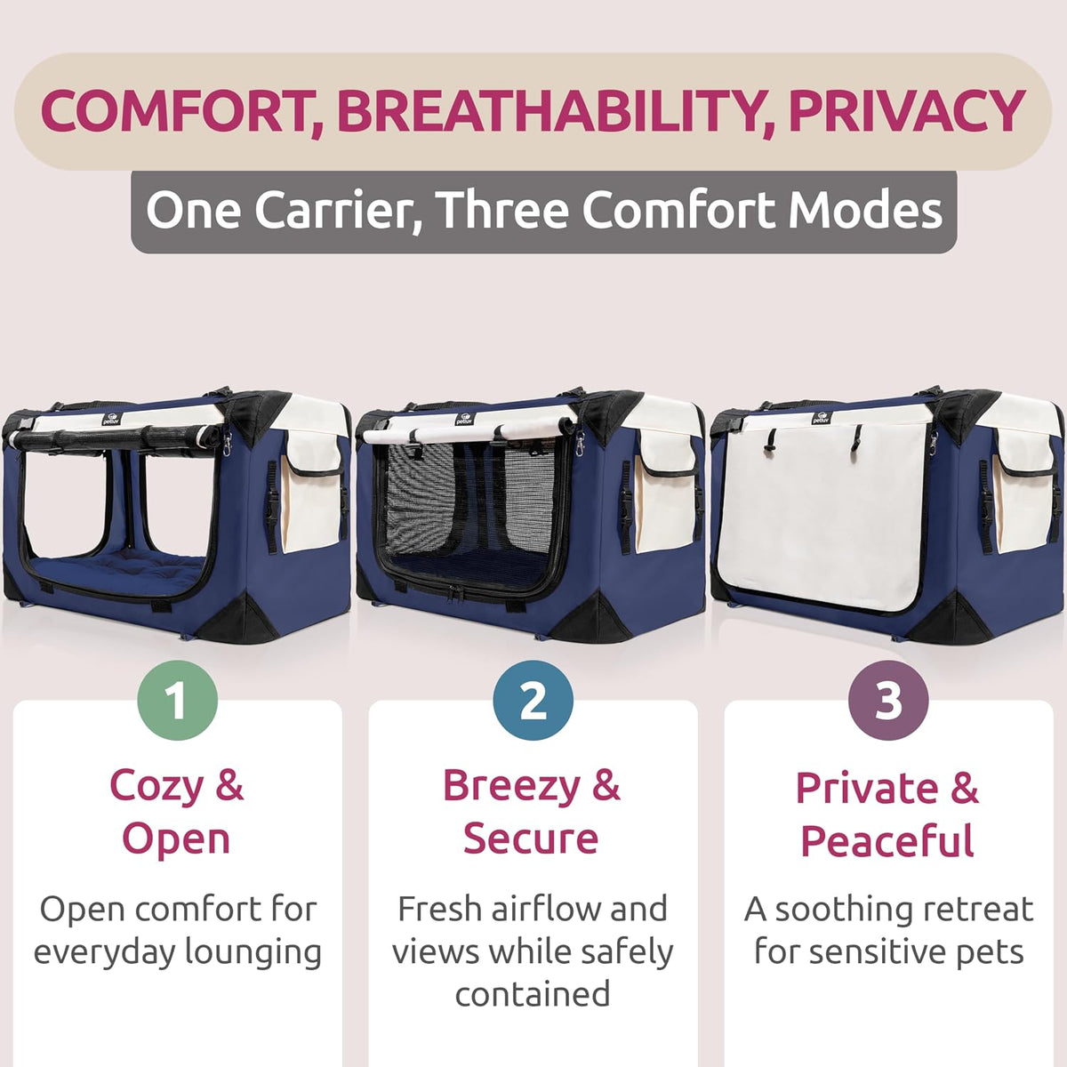 Cat & Dog Pet Carrier, Fits 2 Cats or Medium Dog Comfortably - Navy / Large - image 2