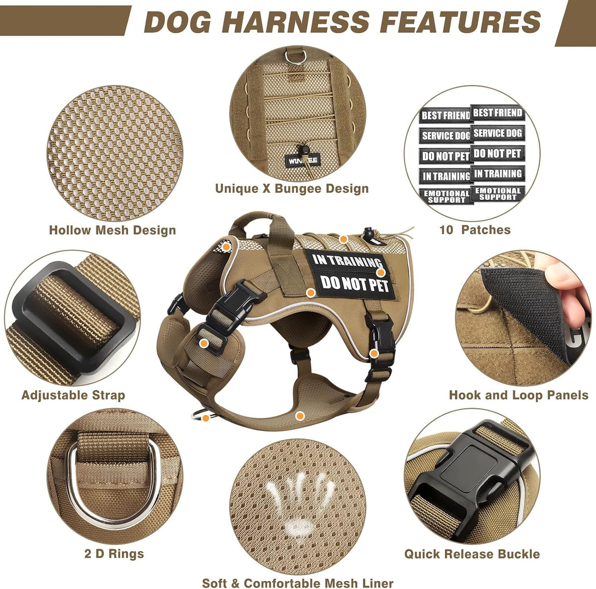 WINSEE Service Dog in Training Mesh Harness with 10 Removale Pet - Large / Brown - image 4