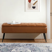 Leather Storage Ottoman Bench,End of Bed Bench for Living Room Bedroom Dinning Room Entryway,Mid-Century Modern,Faux Leather,with Steel Legs,Safety Hinges, Loads 660 lb (with Button, Brown)