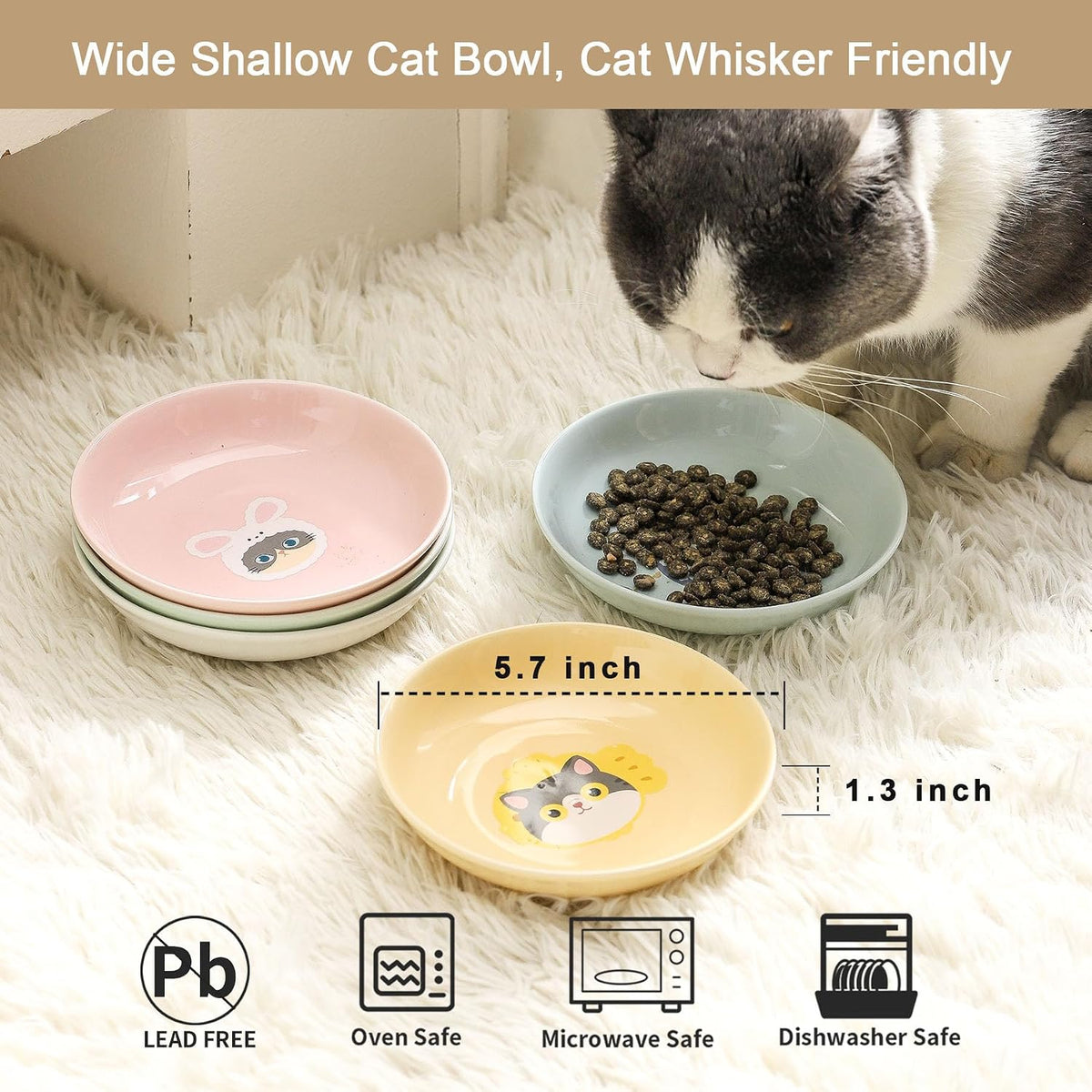 Ceramic Cat Bowls Set - 5.7 inch Wide Cat Food Bowls Whisker Fatigue Friendly, 5 Colorful Kitten - Cute Pattern - image 3