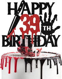 Black glitter Killer Happy 13th Birthday cake topper for a horror Halloween party - view 6
