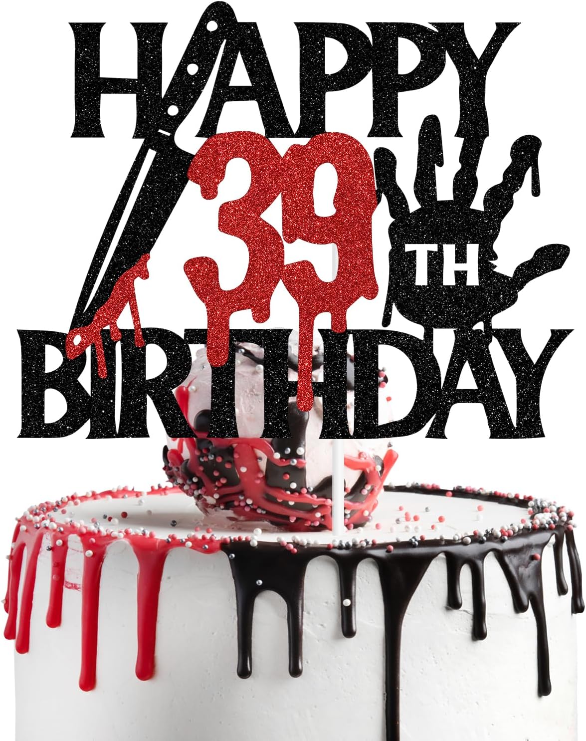 Black glitter Killer Happy 13th Birthday cake topper for a horror Halloween party - view 6
