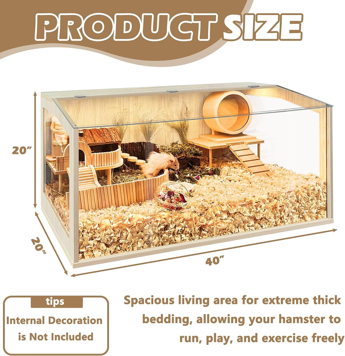 Hamster Cage Chewproof, Large Hamster Cages and Habitats - Natural Oak Wood / 40.0"L x 20.0"W x 20.0"H / Openable Window Roof - image 2