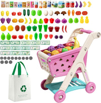 Jovow 102pcs Kids Shopping Cart Trolley Play Set with Pretend Food – Fun for Kids & Family - Pink