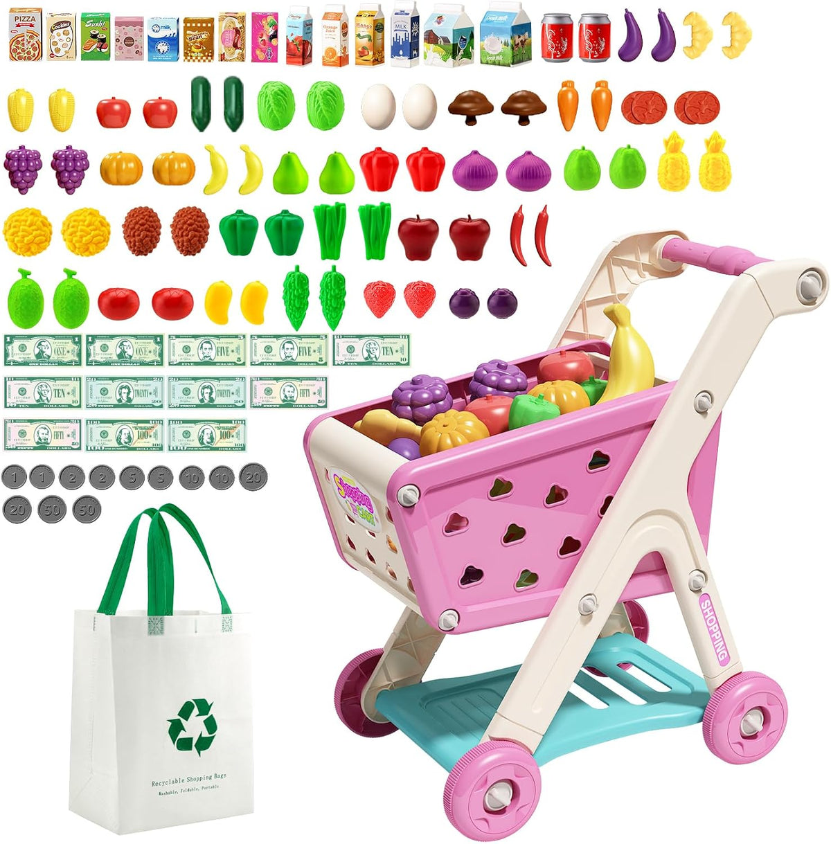Jovow 102pcs Kids Shopping Cart Trolley Play Set with Pretend Food – Fun for Kids & Family - Pink