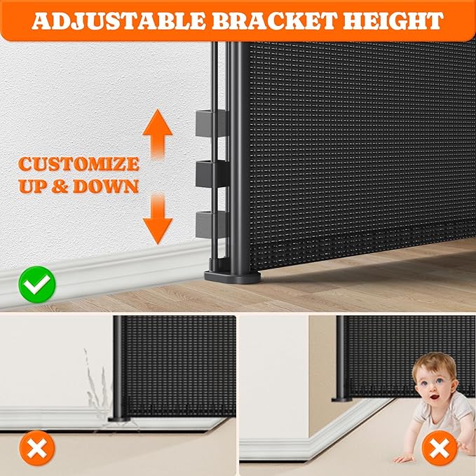 Pawtners Retractable Baby Gates Extra Wide, 41" Tall Extends up to 120" Wide, Dog Gate Indoor for Stairs, Pet Gate with Support Rods for Doorways Hallways Indoor & Outdoor-Black