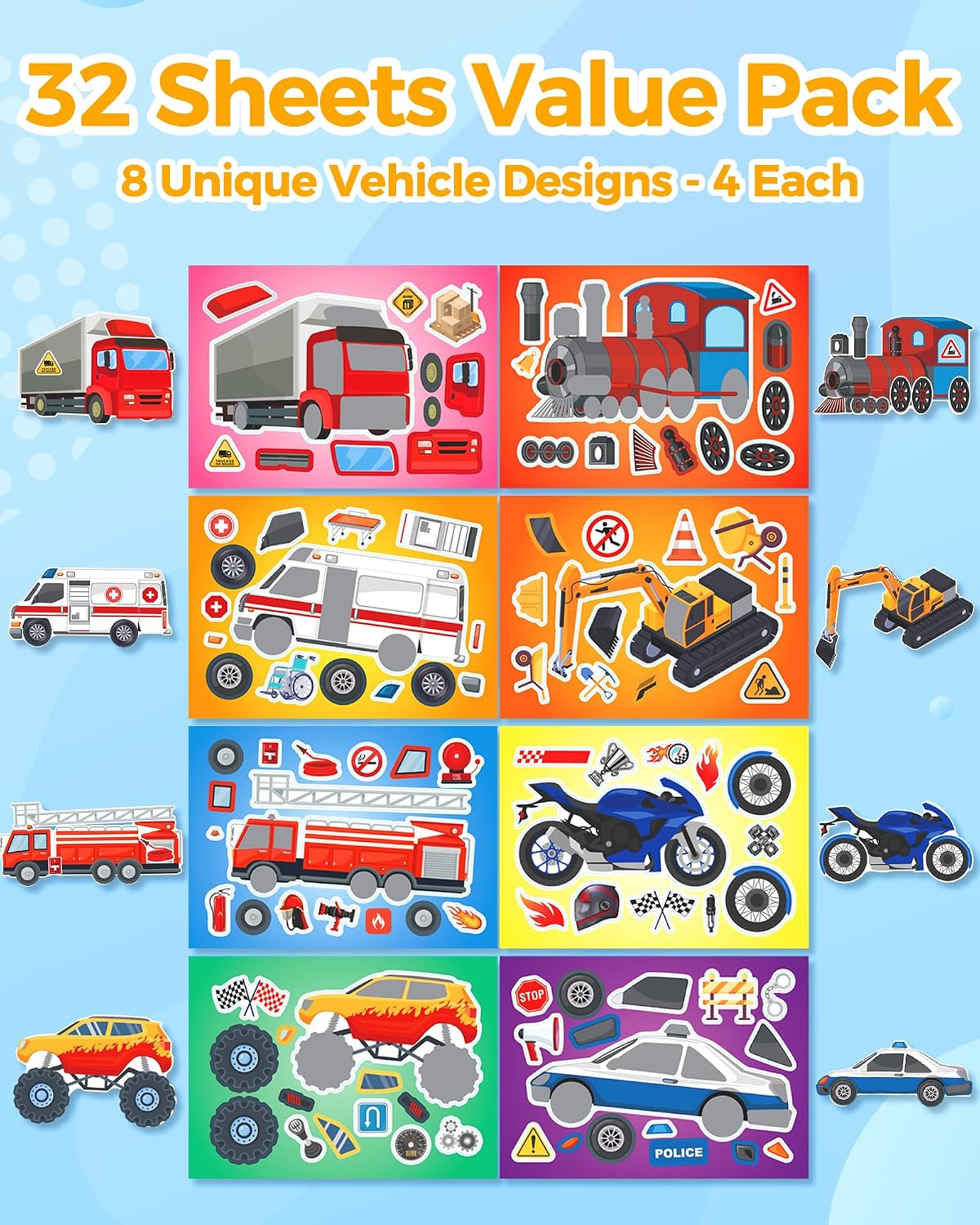 30 Unicorn Make-a-Face Sticker Sheets for Kids – Fun for Kids & Family - Vehicles - image 3