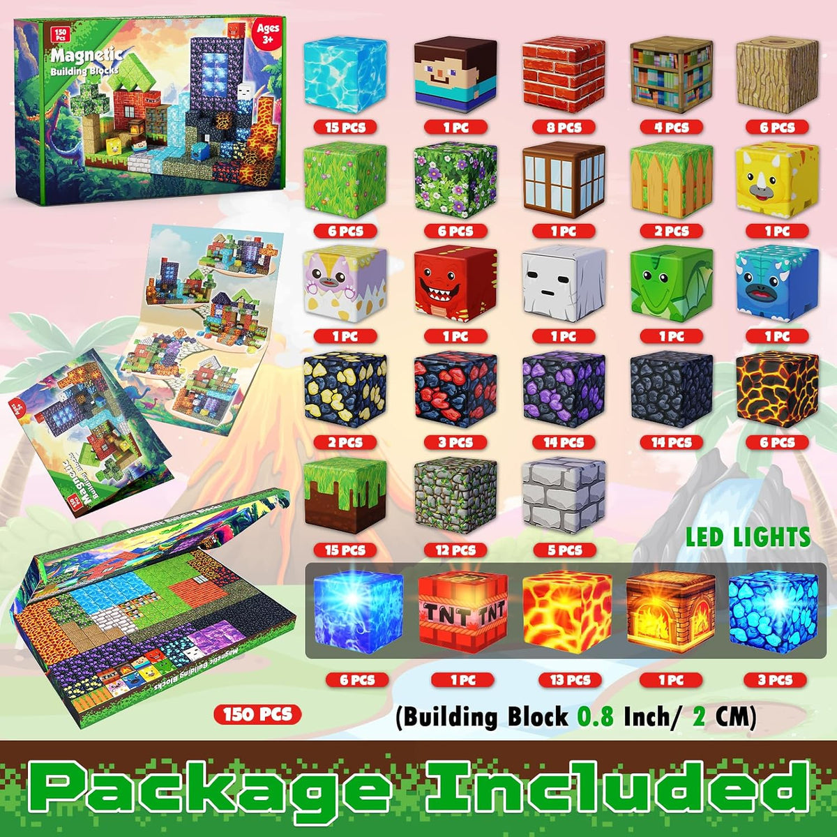 GraceDuck 300 PCS Magnetic Blocks, Magnetic Building Blocks - 150pcs Led Glowing Volcano - image 2