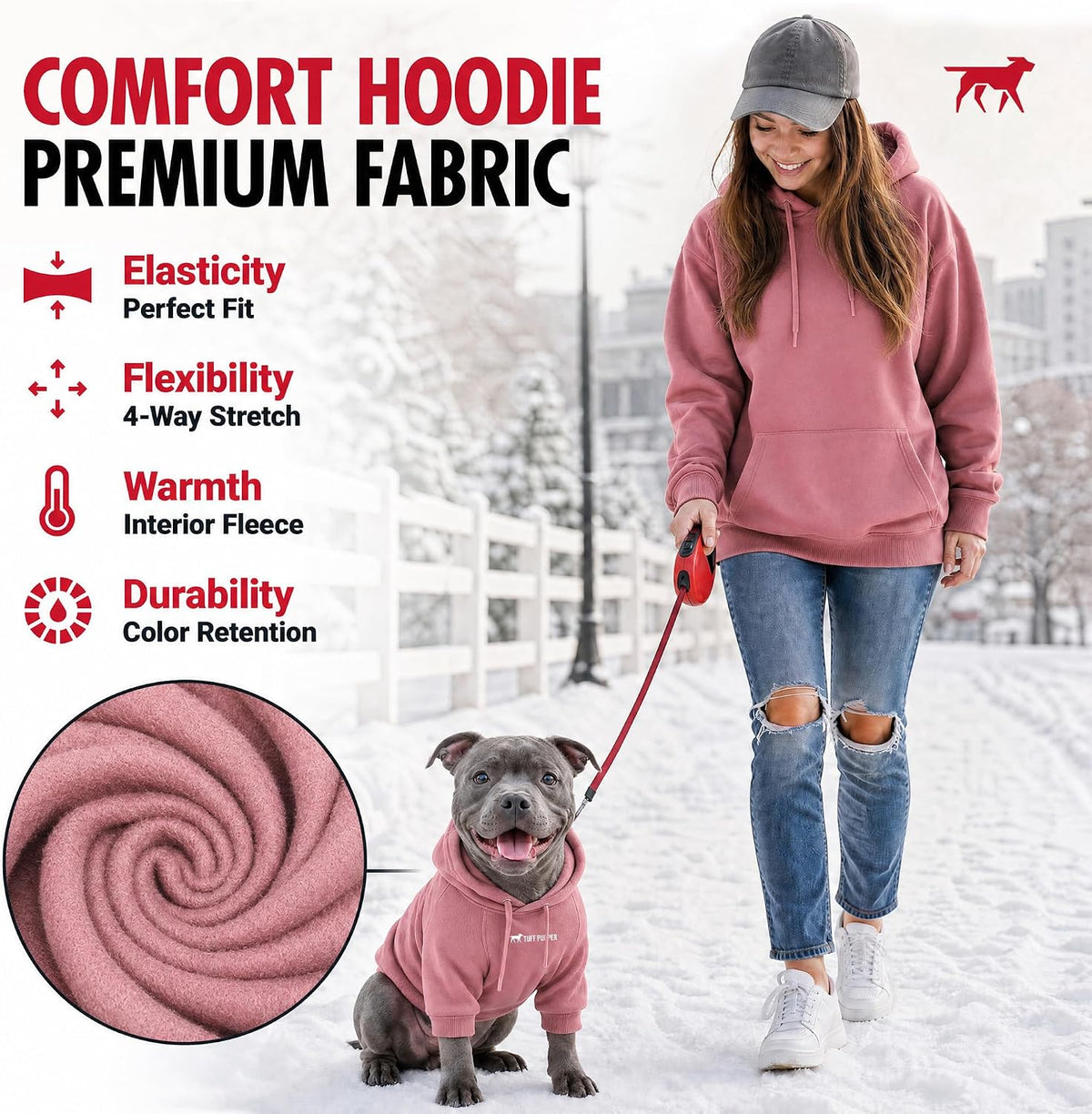 Tuff Pupper Dog Hoodie, Premium Quality Insulated Fabric - Dusty Pink / X-Small (10-15 lbs) - image 4