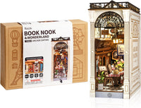 Rolife Arcade Dating book nook kit with LED lights on a bookshelf