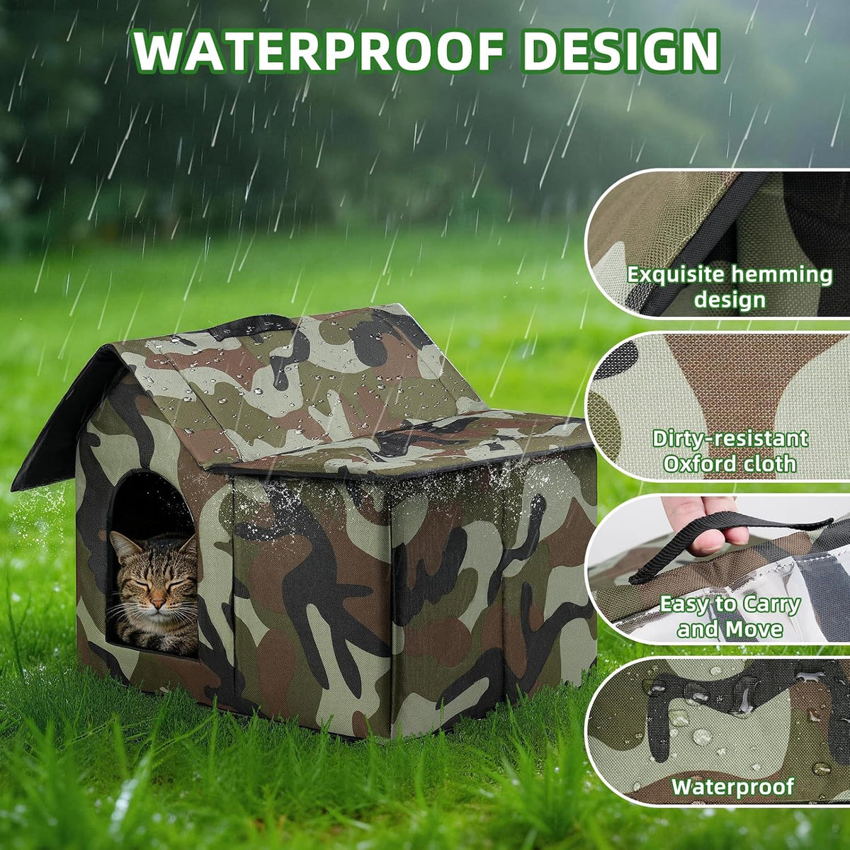 Outdoor Cat House Weatherproof, Large Feral Cat House for Winter - Green / 17" x 13" x 15" - image 3