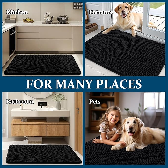 OLANLY Dog Door Mat Set 4-Piece 24x16, Absorbs Moisture and Dirt, Absorbent Non-Slip Washable Doormat, Quick Dry Chenille Mud Mat for Dogs, Entry Indoor Entryway Carpet for Inside Floor, Black