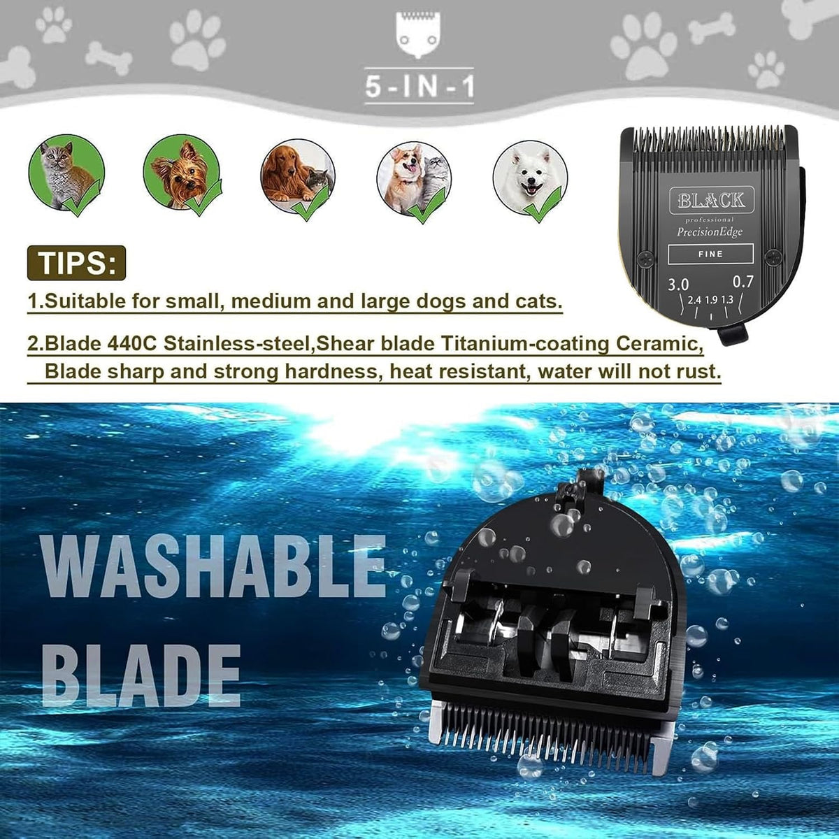 3Pack 5 in 1 Blades Dog Grooming Blade Compatible with Wahl Bravura - BLACK/3PC - image 2