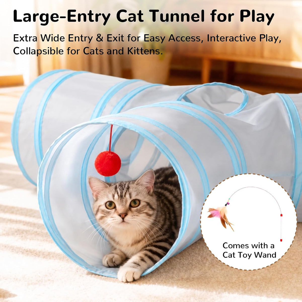Tempcore Cat Tunnel, 3-Way Collapsible Toy for Indoor Cats - Light Grey & Blue / Large - image 3