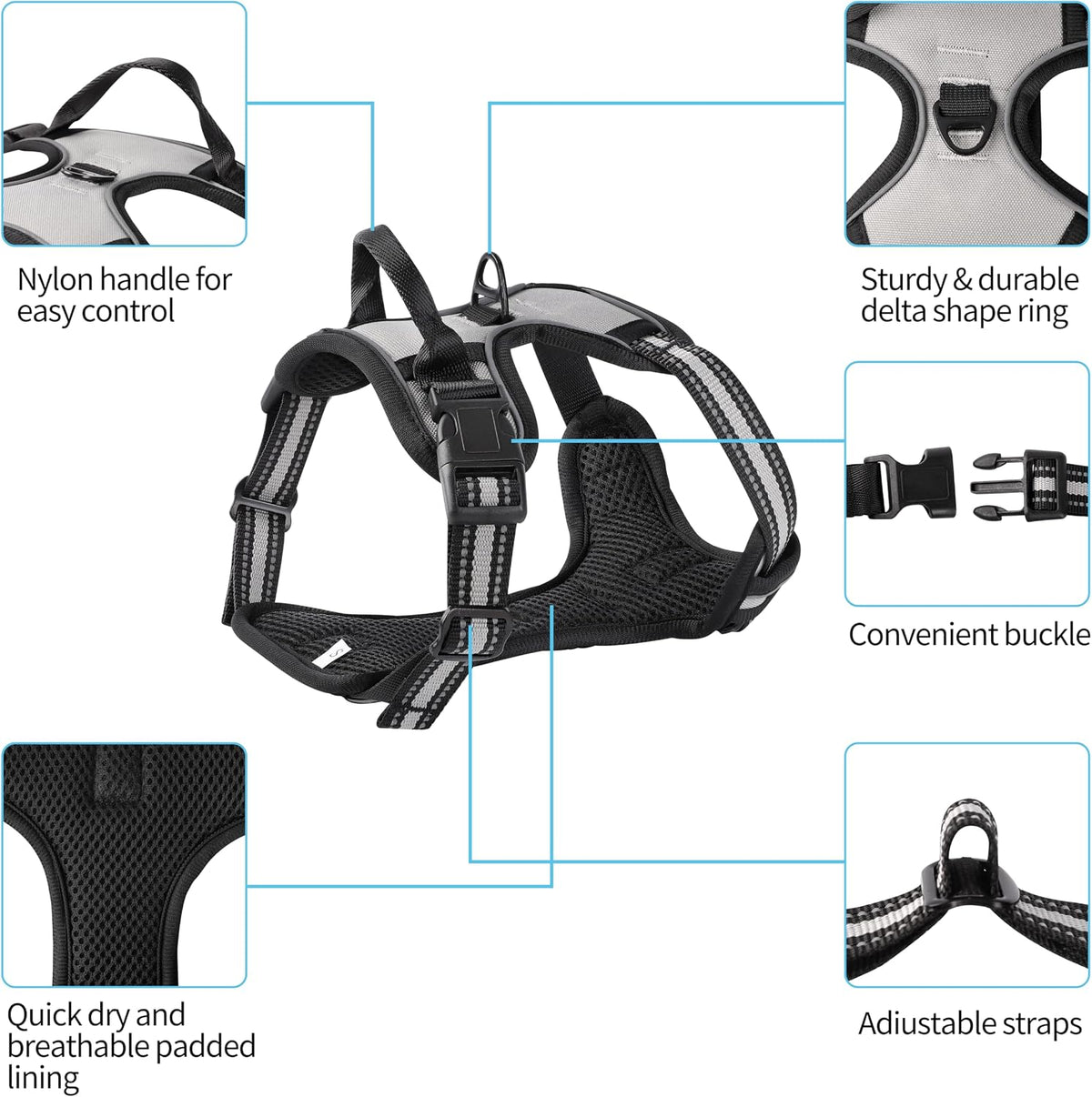 Blue No-Pull Dog Harness with 2 Leash Clips，Soft Padded Vest - Small / Gray - image 2