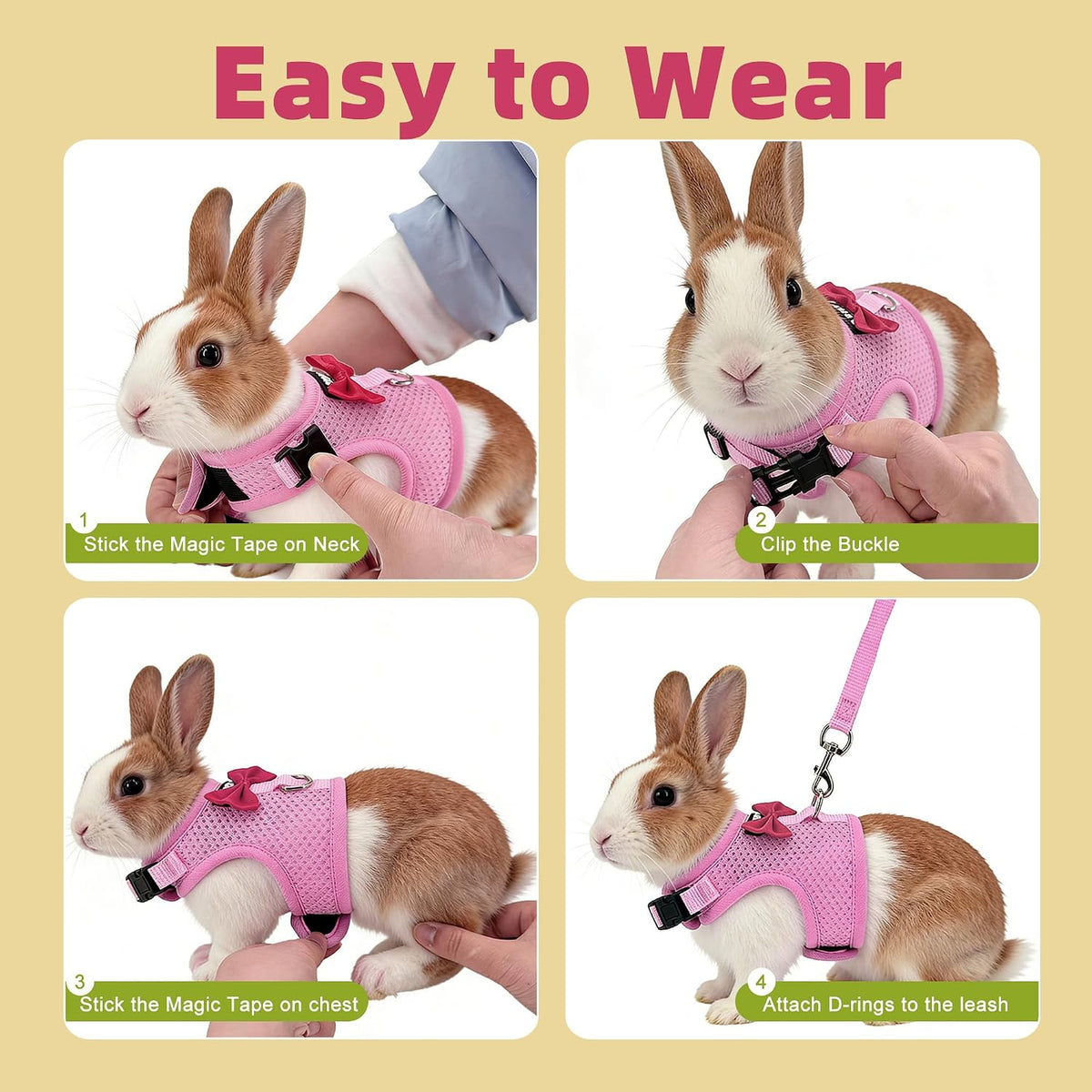 Breathable Bunny Harness and Leash Set with Cute Bow, Black S – Essentials for Small Pets - S / Pink - image 3