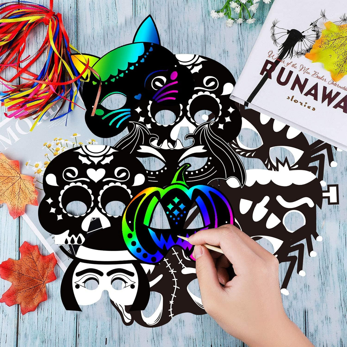 Natonhi 32 rainbow Halloween scratch art masks with wooden styluses and strings - view 8