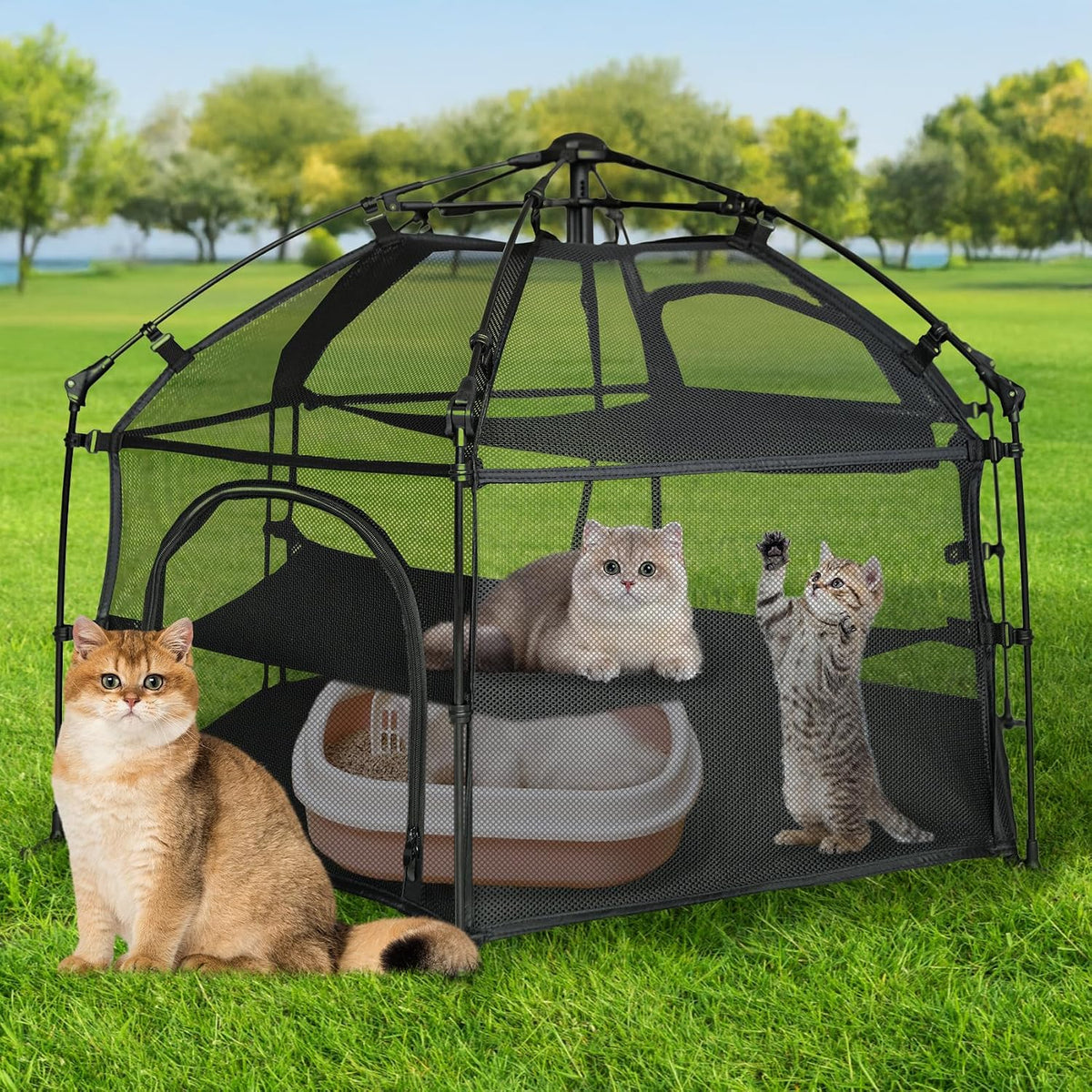 Catio Outdoor Cat Enclosure Pop up Cat Tower Tent – Essentials for Cats - Hexagonal / Large, 42.6" x 42.6" x 27.6"H