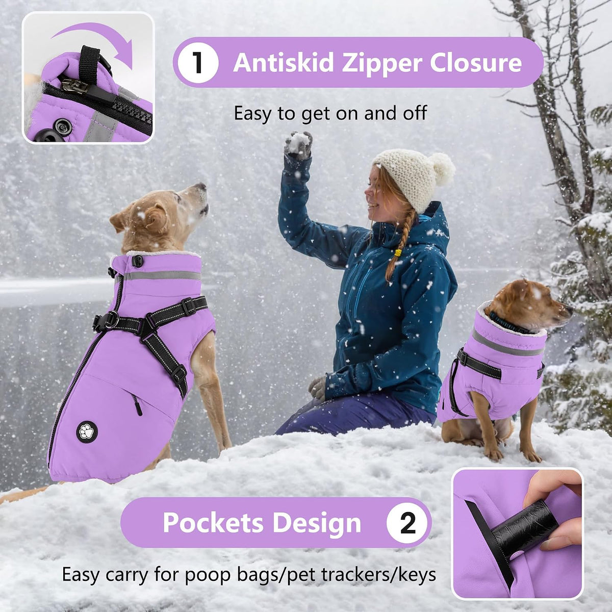 Dogcheer Dog Winter Coat with Harness - Taro Purple / Medium(Chest:20.8", Back:14.1" Neck:14.9") - image 4