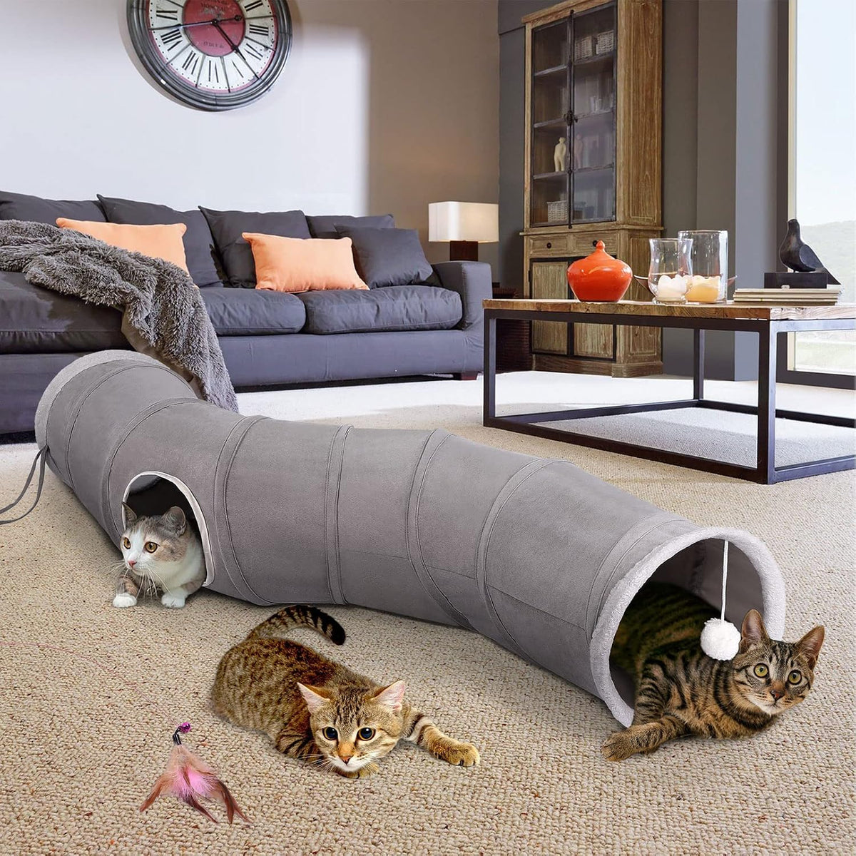 Ownpets Cactus Cat Tunnel 12" with Peek Holes for Indoor Large Cat - S-Shape (Suede Fabric) / 10 Inches in Diameter - image 3