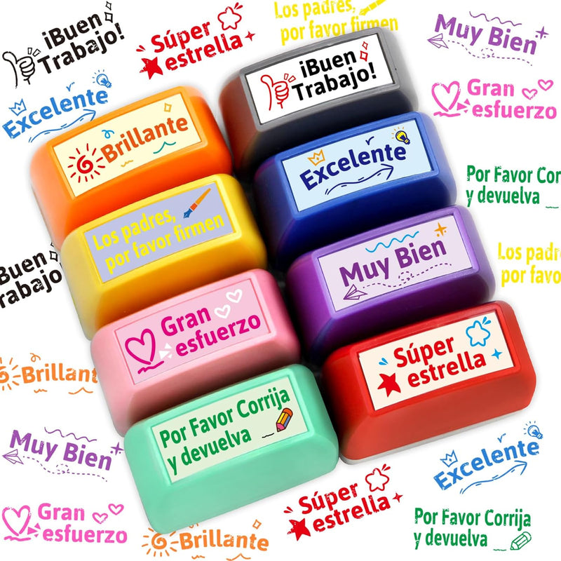 Fancy Land Spanish teacher stamps, set of 8 colorful stamps with motivational Spanish words