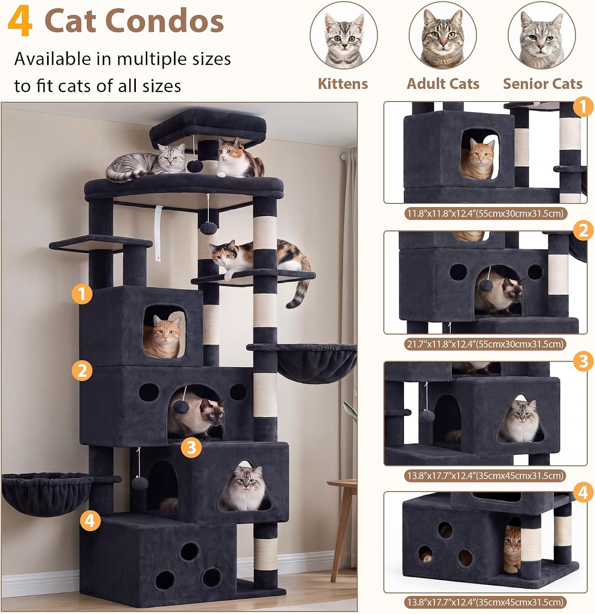 Cat Tree Tower 42'' with Condo, Indoor Scratching Post GCT005SG – Essentials for Cats - Dark gray / 78.7 inch - image 2