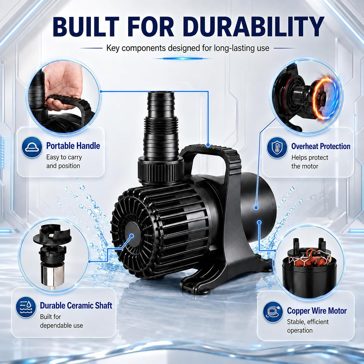350W 7000 GPH Pond Pump, Ultra Quiet Heavy Duty Submersible Water Pump for Koi Ponds, Fountains - 1700GPH-100W - image 4