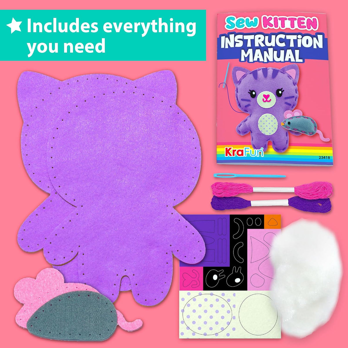 KRAFUN Beginner Sewing Kit, Sew Kitten & Mouse, Pre-Cut Felt - Kitten - image 2