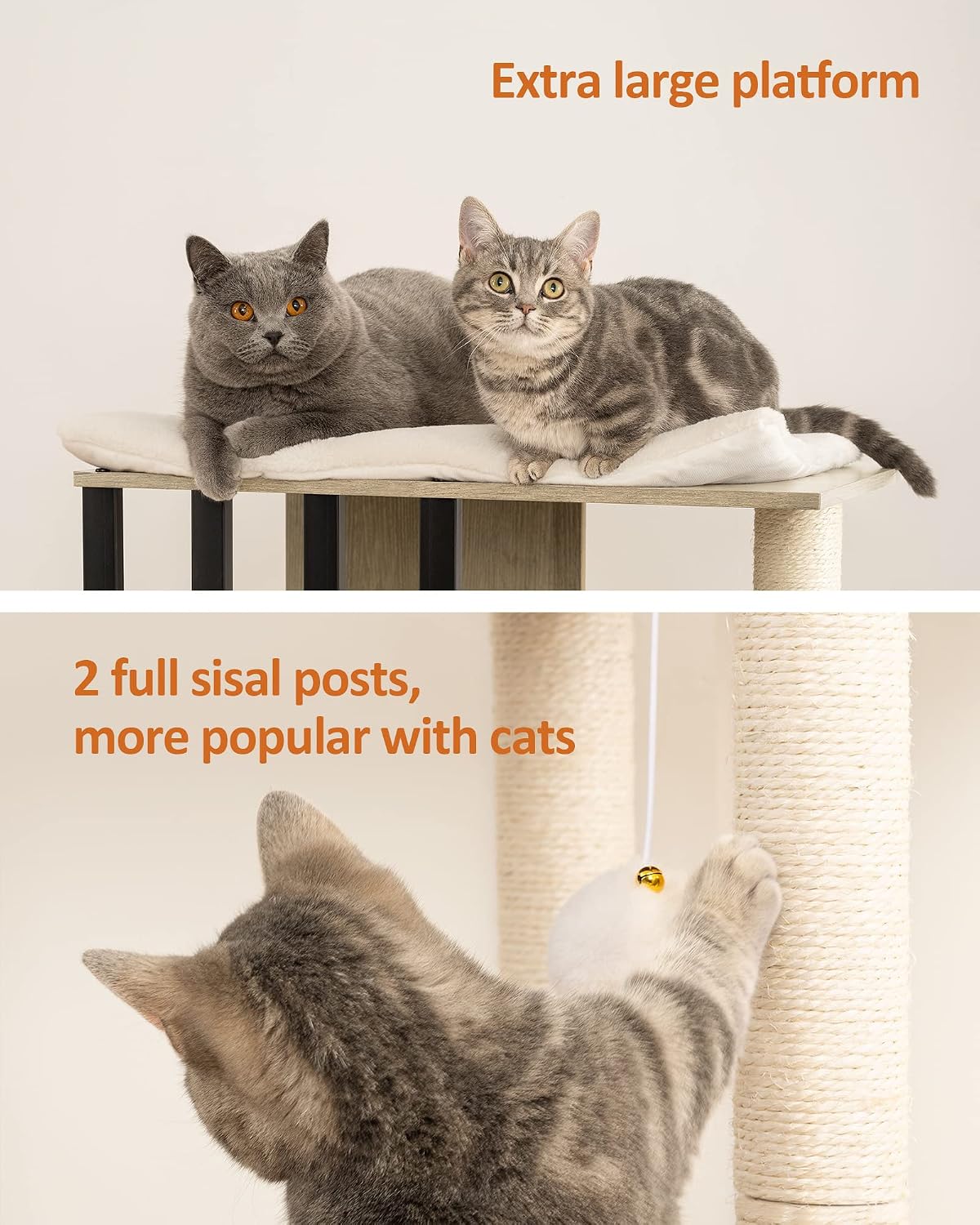 Modern Cat Tree for Large Cats, Full Sisal Cat Scratching Post – Essentials for Cats - Greige / 23.6"L x 15.7"W x 43.8"H - image 4