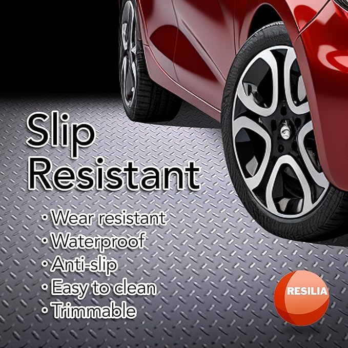 RESILIA Heavy Duty Garage Floor Runner & Protector Mat - Slip Resistant Diamond Plate PVC Mats - Water, Spill, & Stain Resistant, Silver (4 feet x 20 feet)