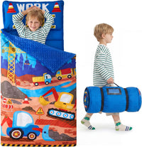 JOIEDOMI Toddler Nap Mat with Removable Pillow and Minky Blanket - Light Blue Construction