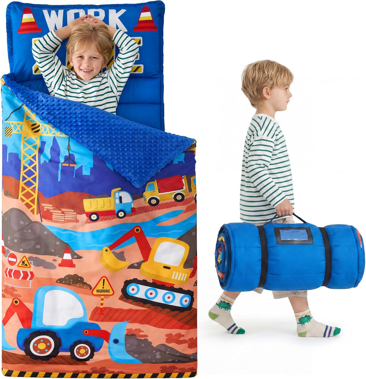 JOIEDOMI Toddler Nap Mat with Removable Pillow and Minky Blanket - Light Blue Construction