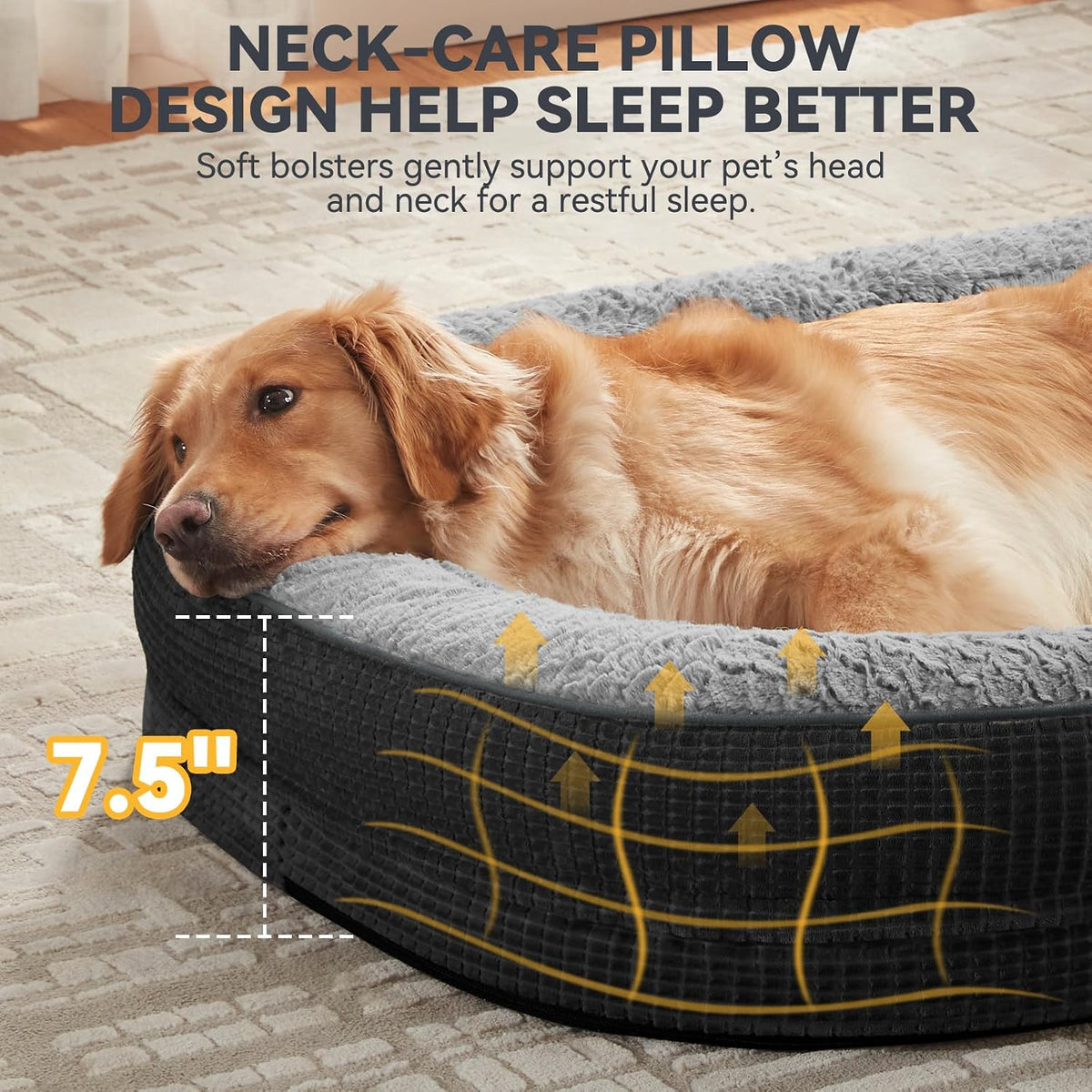 JOEJOY XL Orthopedic Dog Bed for Large Dogs, 360° Oval Bolster - Black / 42"l X 32"w X 7.5"th - image 4