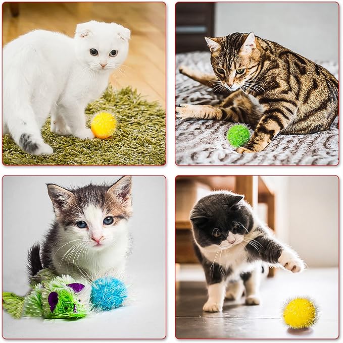 VAPKER 30 Pcs Cat Ball Toys Sparkle Balls Extra Large 2 Inch Cat's Favorite Chase Glitter Ball Glitter Tinsel Pom Poms Balls Yellow Color