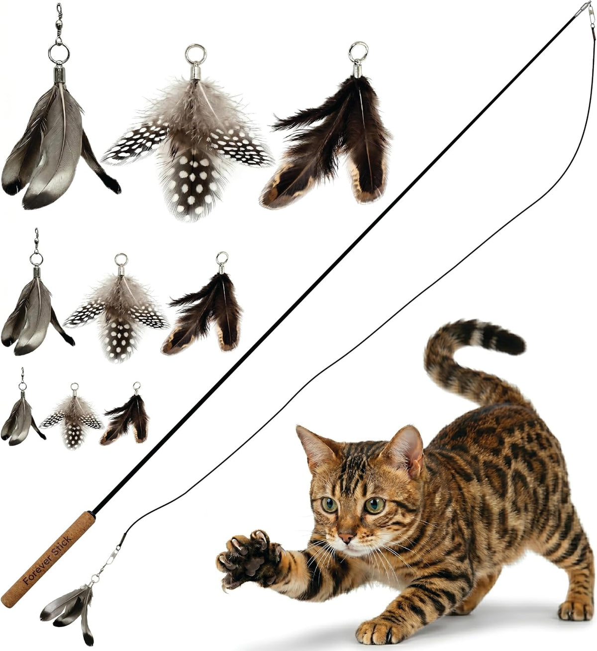 Forever Stick Unbreakable Cat Wand Toy, Durable Feather Teaser – Essentials for Cats - Forever Stick and 9 Feather Toys
