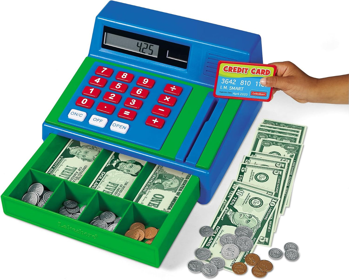 Lakeshore real-working toy cash register with calculator display, play coins, bills and credit card
