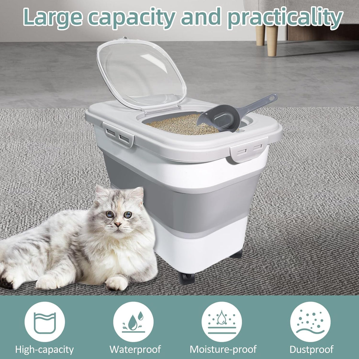 Collapsible Cat Litter Storage Container with Rolling Casters - Gray - image 2