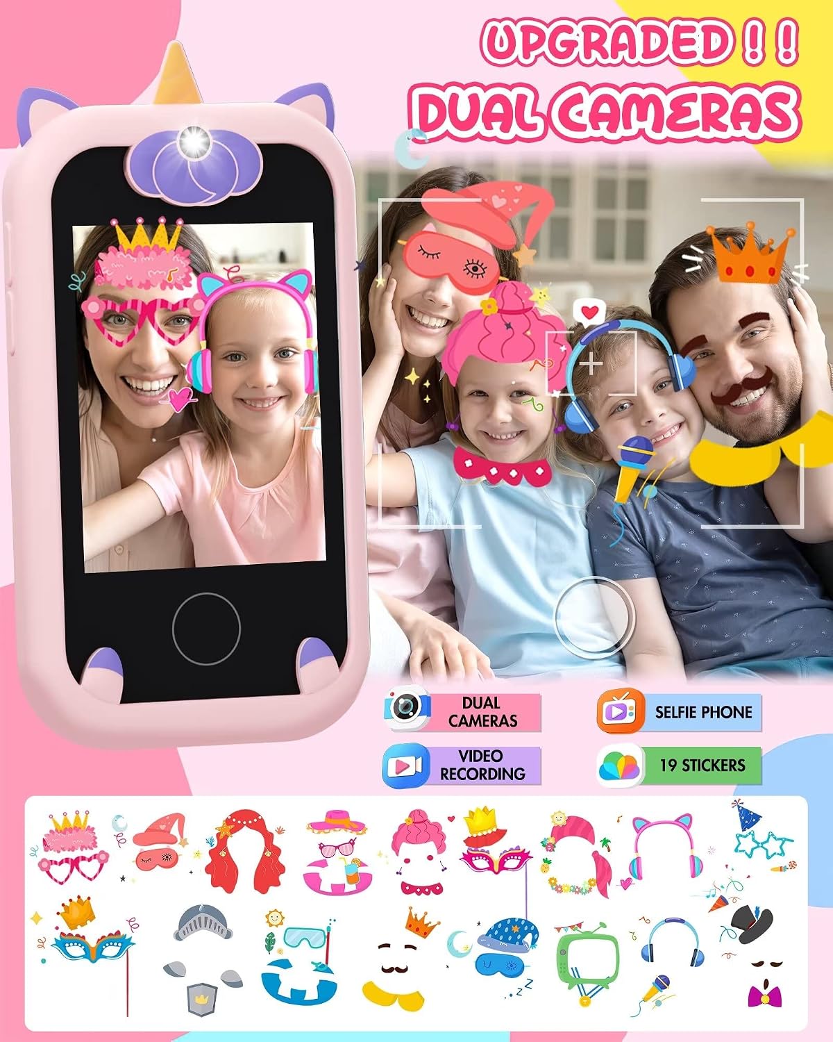 Joozfee kids smart phone toy in pink with unicorn design, dual camera and lanyard - view 5