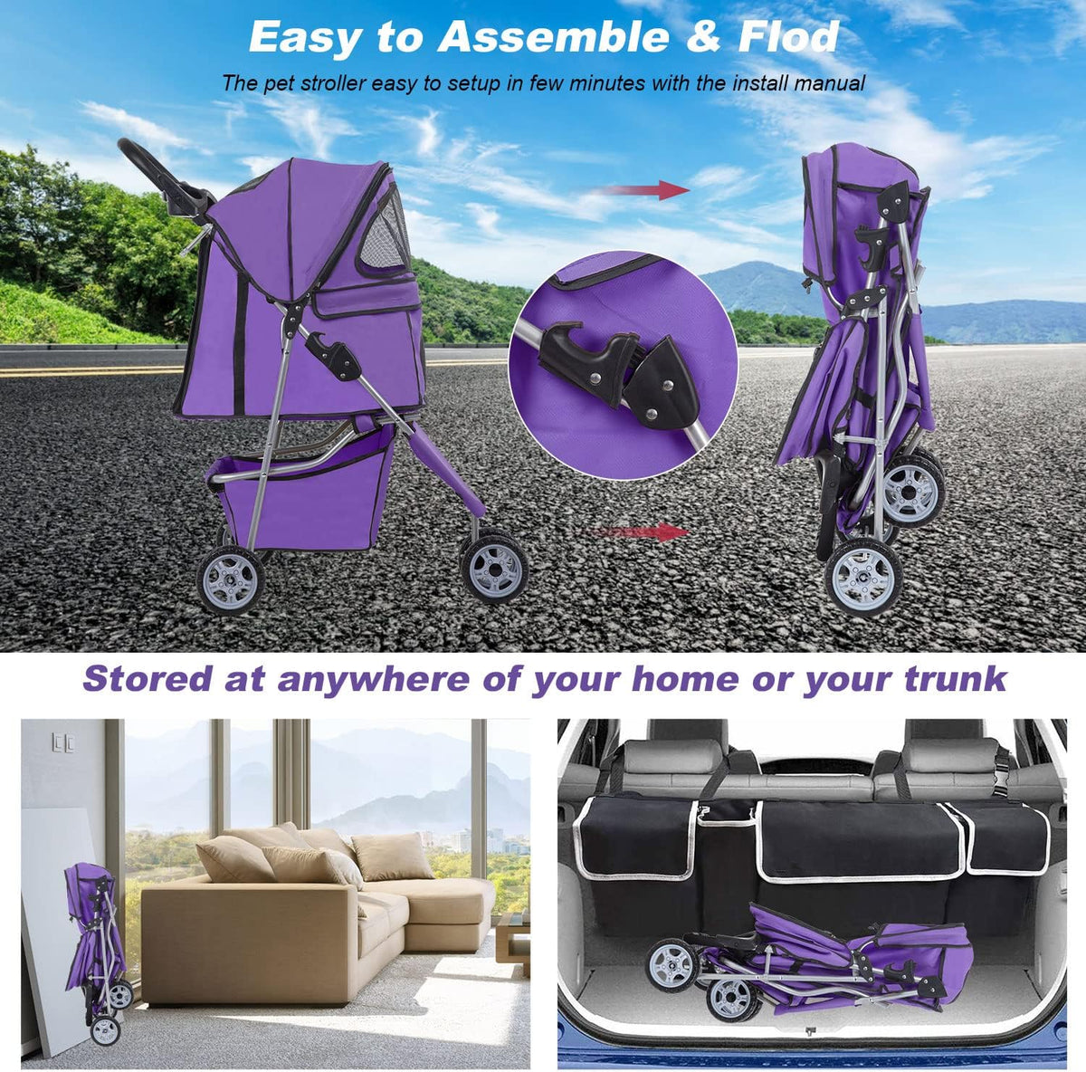 BestPet, 4-Wheel Foldable Pet Stroller, Lightweight & Portable - Purple / 3 Wheels - image 4