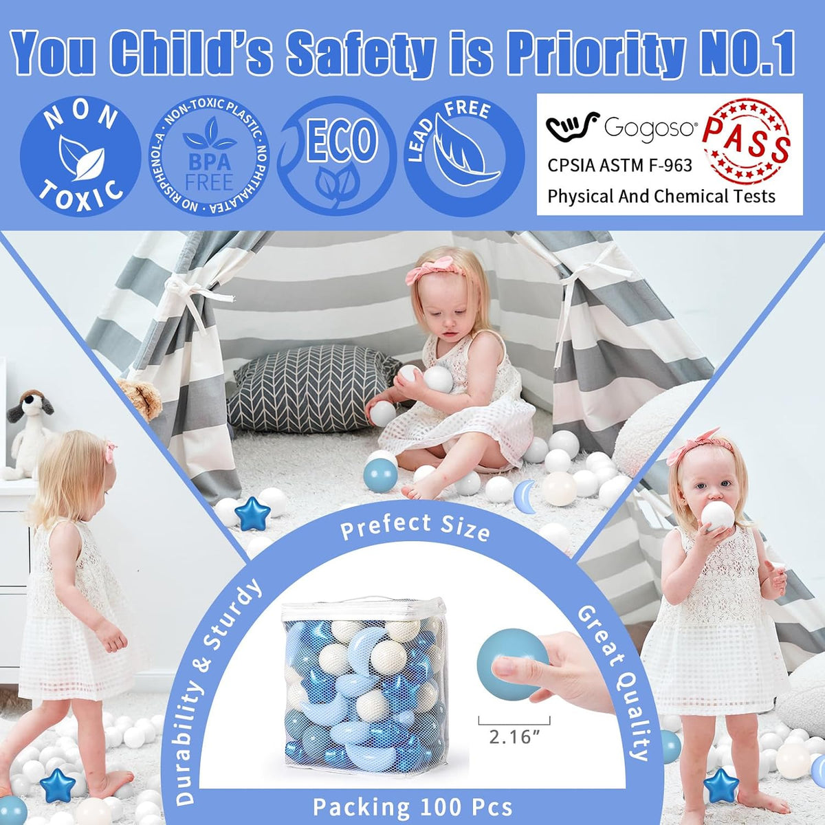 GOGOSO Ball Pit Balls Stars Moon Shapes Plastic Pitballs for Child - 100 balls / Pearl Blue+cream Blue+white - image 3