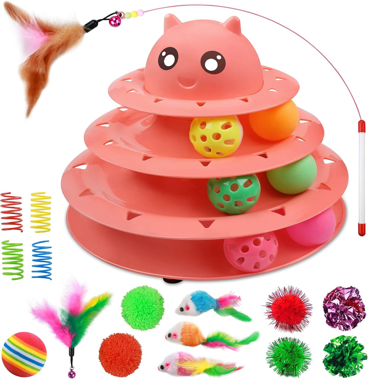 UPSKY Cat Toy Roller 3-Level Turntable Cat Toys with Six Colorful - B-Red