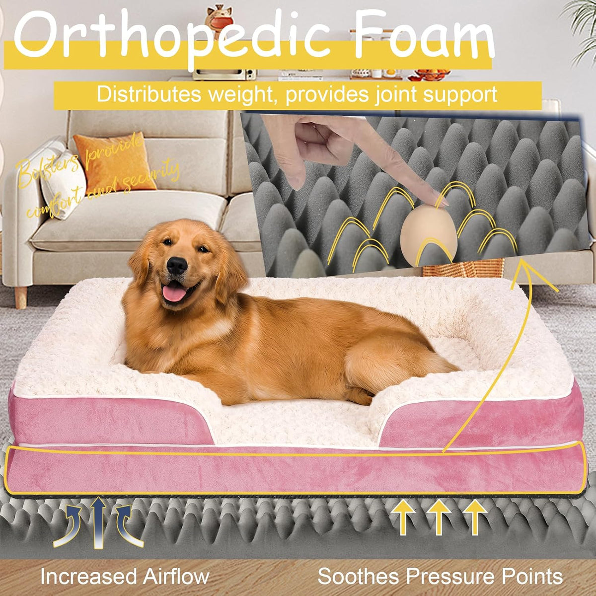 Orthopedic Dog Beds Medium Large Sized Dog, Dog Sofa Bed - Medium(28 * 23 * 6.5 In) / Pink - image 2