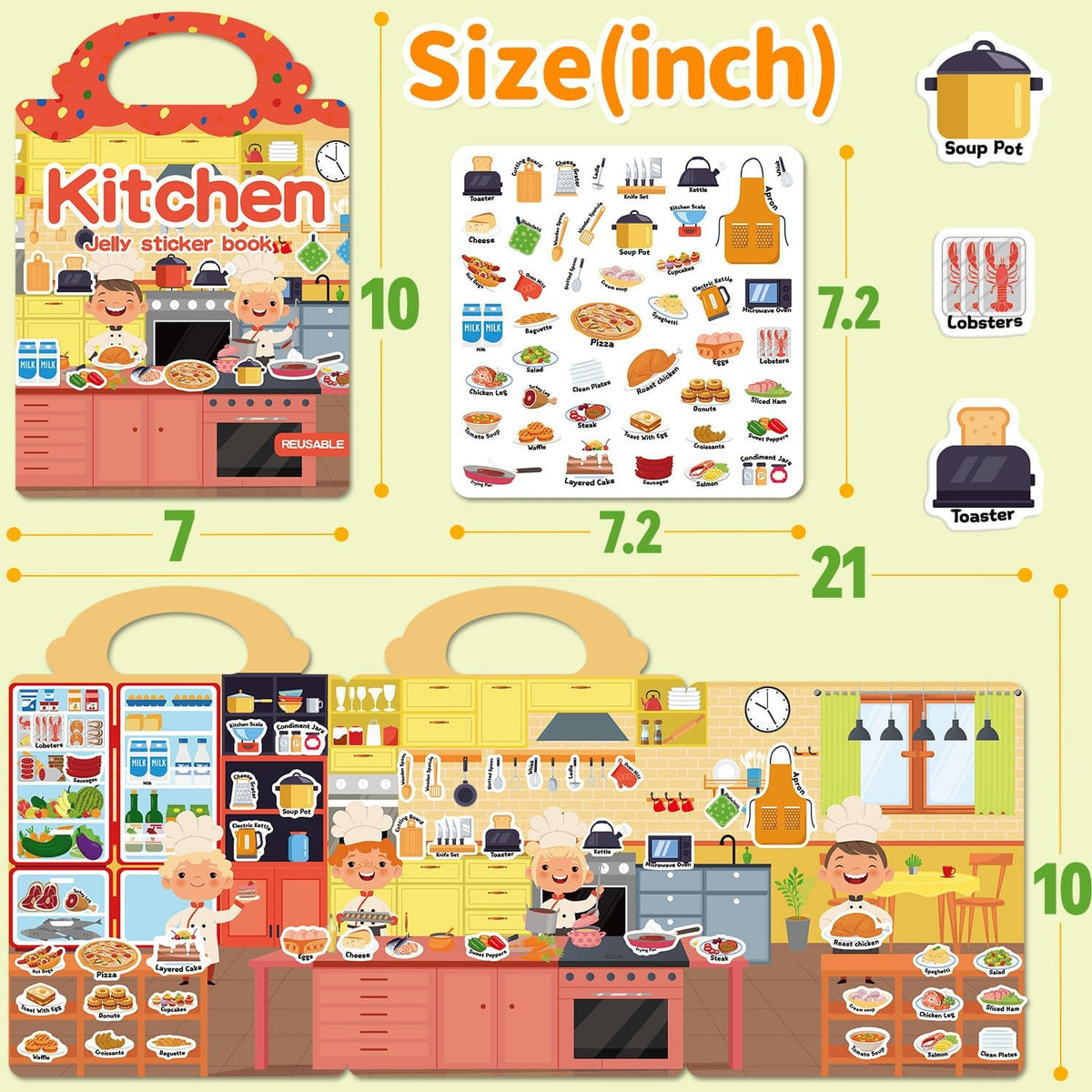 6 Sets Reusable Sticker Book for Toddlers 3-6 - Supermarket+Picnic+Kitchen - image 2